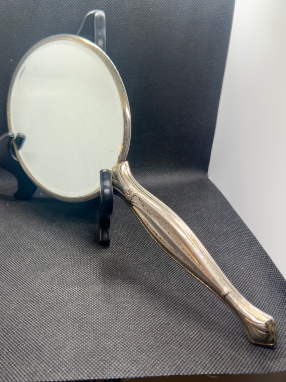 Vintage Art Deco Style Silver Tone Hand Mirror - Pink Roses